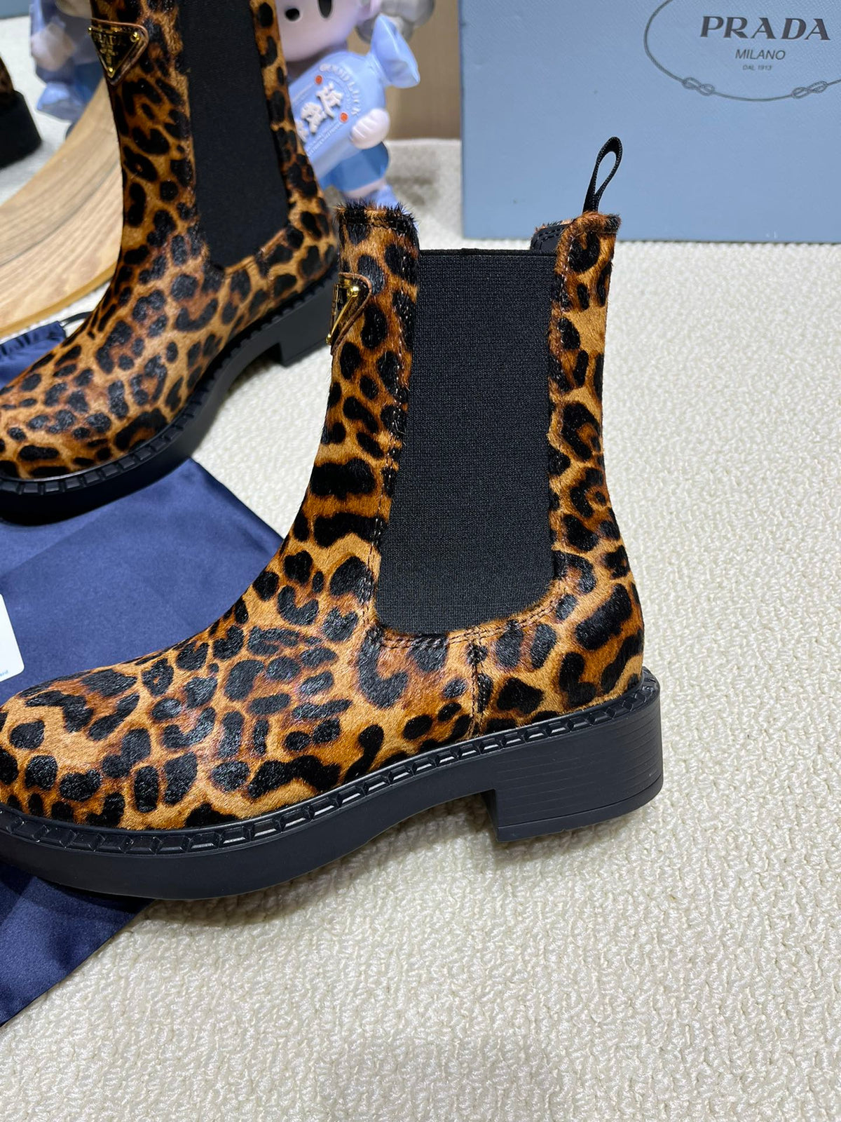 PRADA ANKLE BOOTS ATTACHED TRIANGLE LOGO IN LEOPARD PRINT HORSEHAIR