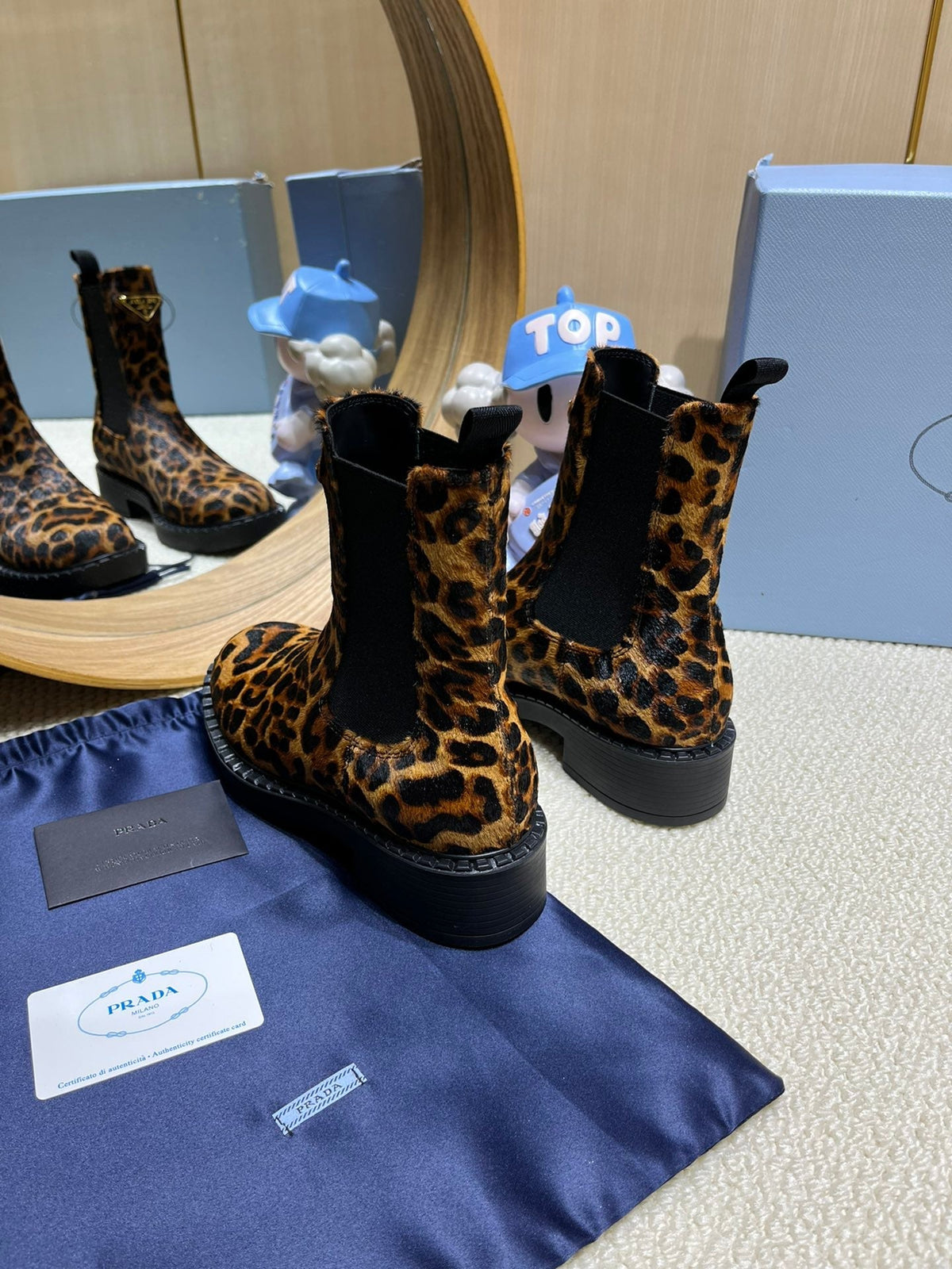 PRADA ANKLE BOOTS ATTACHED TRIANGLE LOGO IN LEOPARD PRINT HORSEHAIR