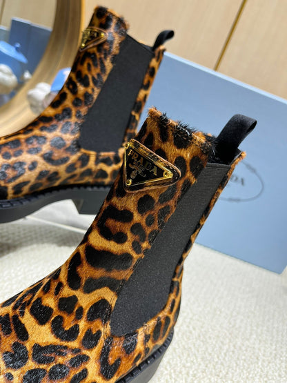 PRADA ANKLE BOOTS ATTACHED TRIANGLE LOGO IN LEOPARD PRINT HORSEHAIR