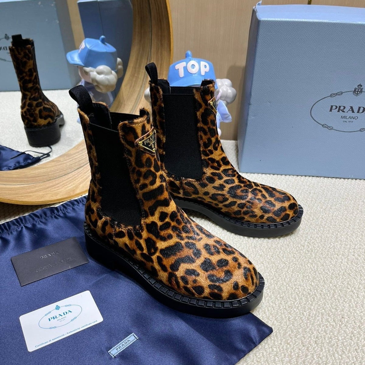 PRADA ANKLE BOOTS ATTACHED TRIANGLE LOGO IN LEOPARD PRINT HORSEHAIR