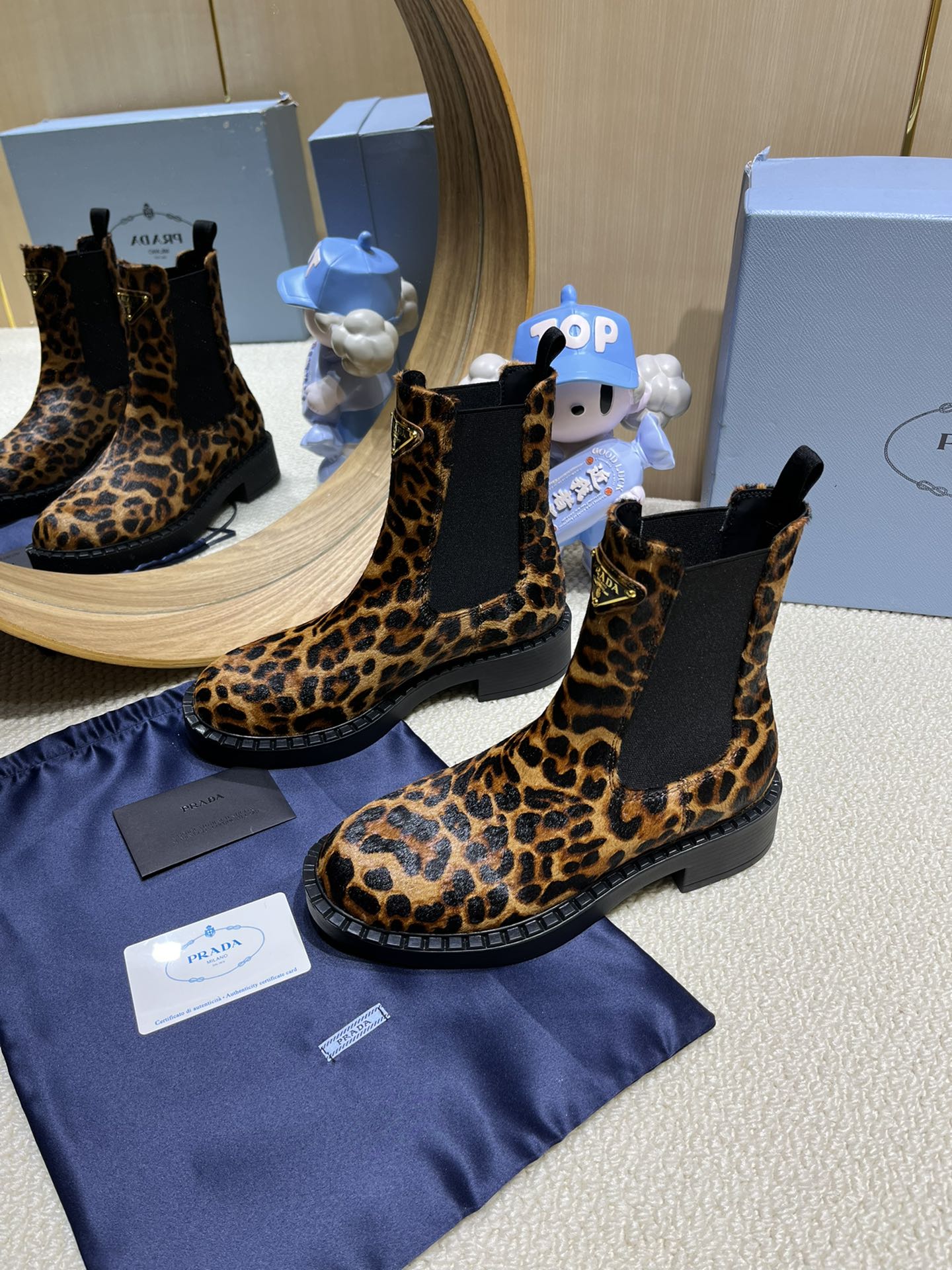 PRADA ANKLE BOOTS ATTACHED TRIANGLE LOGO IN LEOPARD PRINT HORSEHAIR