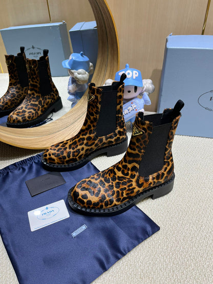 PRADA ANKLE BOOTS ATTACHED TRIANGLE LOGO IN LEOPARD PRINT HORSEHAIR
