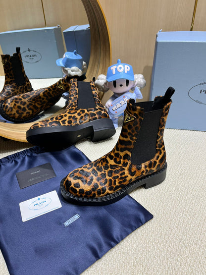 PRADA ANKLE BOOTS ATTACHED TRIANGLE LOGO IN LEOPARD PRINT HORSEHAIR