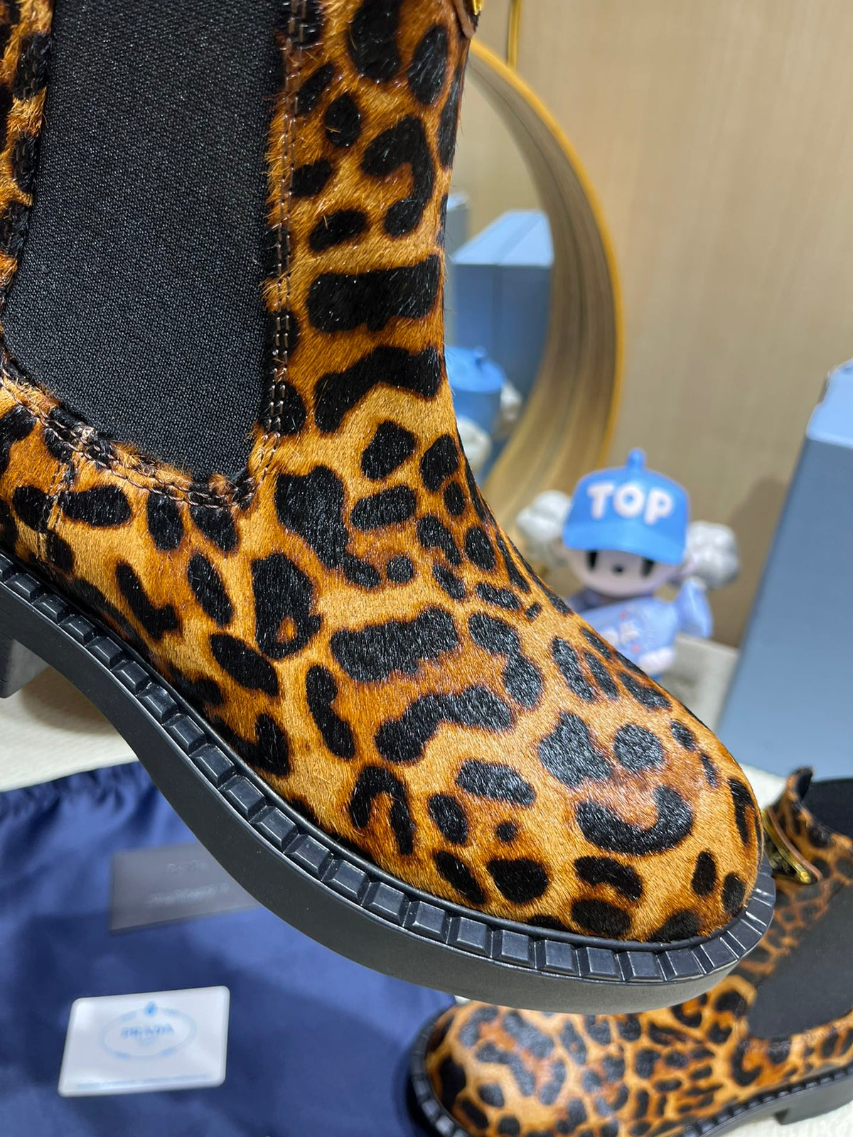 PRADA ANKLE BOOTS ATTACHED TRIANGLE LOGO IN LEOPARD PRINT HORSEHAIR