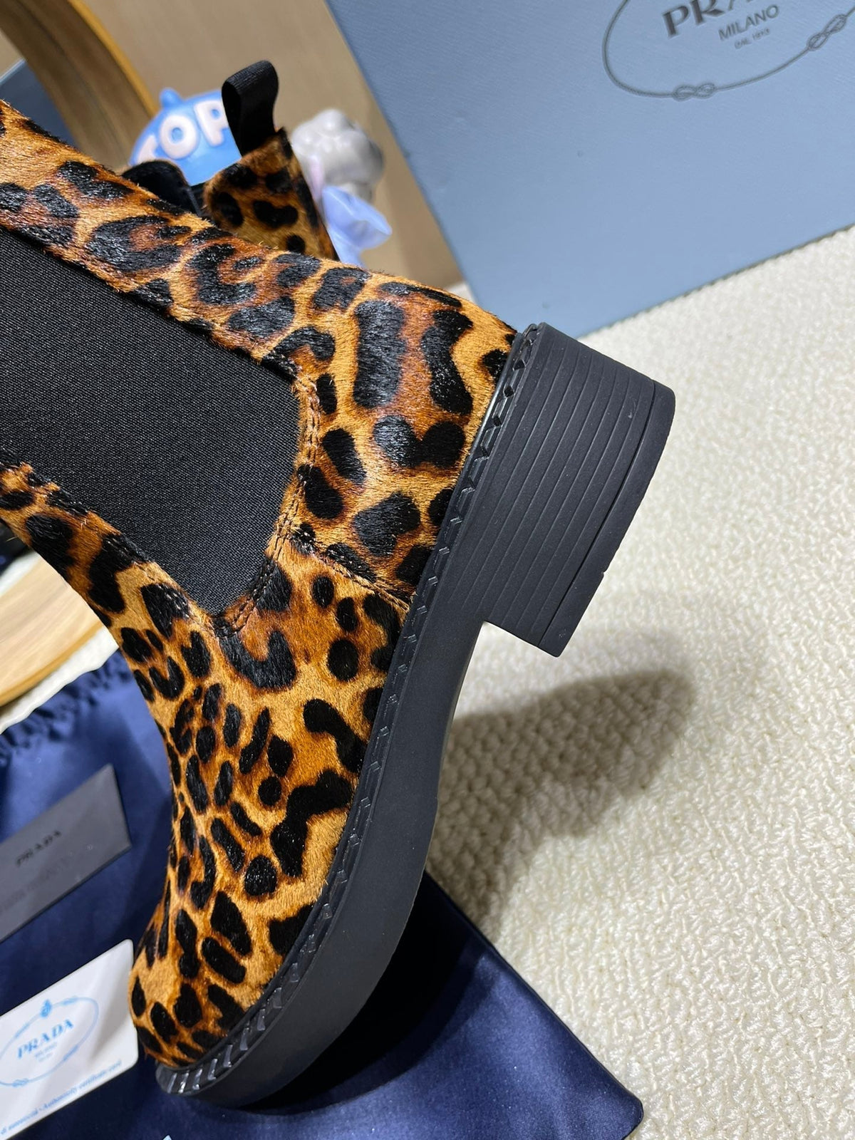 PRADA ANKLE BOOTS ATTACHED TRIANGLE LOGO IN LEOPARD PRINT HORSEHAIR