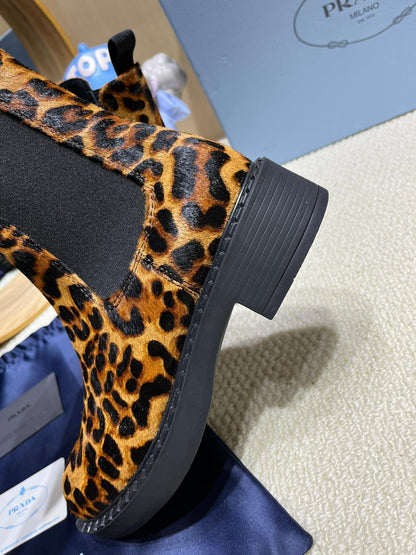 PRADA ANKLE BOOTS ATTACHED TRIANGLE LOGO IN LEOPARD PRINT HORSEHAIR