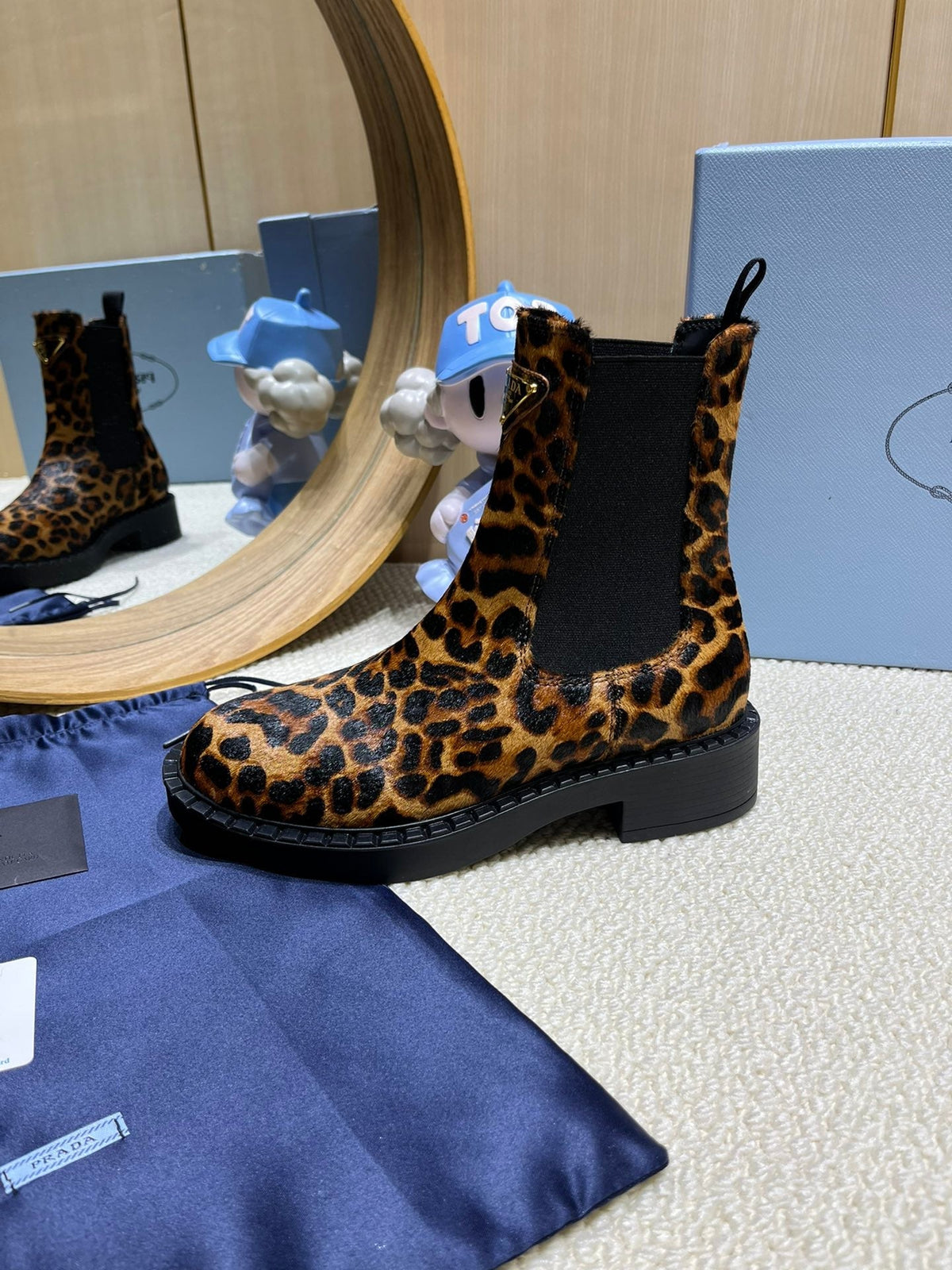 PRADA ANKLE BOOTS ATTACHED TRIANGLE LOGO IN LEOPARD PRINT HORSEHAIR