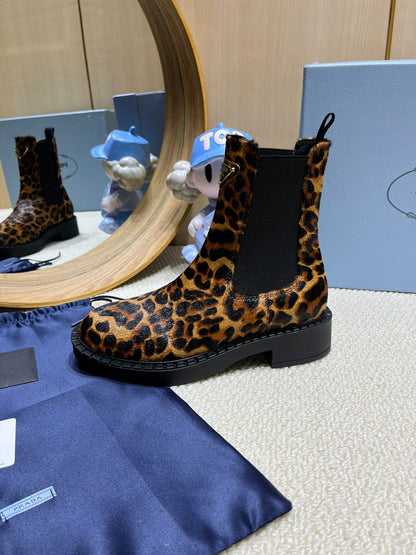 PRADA ANKLE BOOTS ATTACHED TRIANGLE LOGO IN LEOPARD PRINT HORSEHAIR