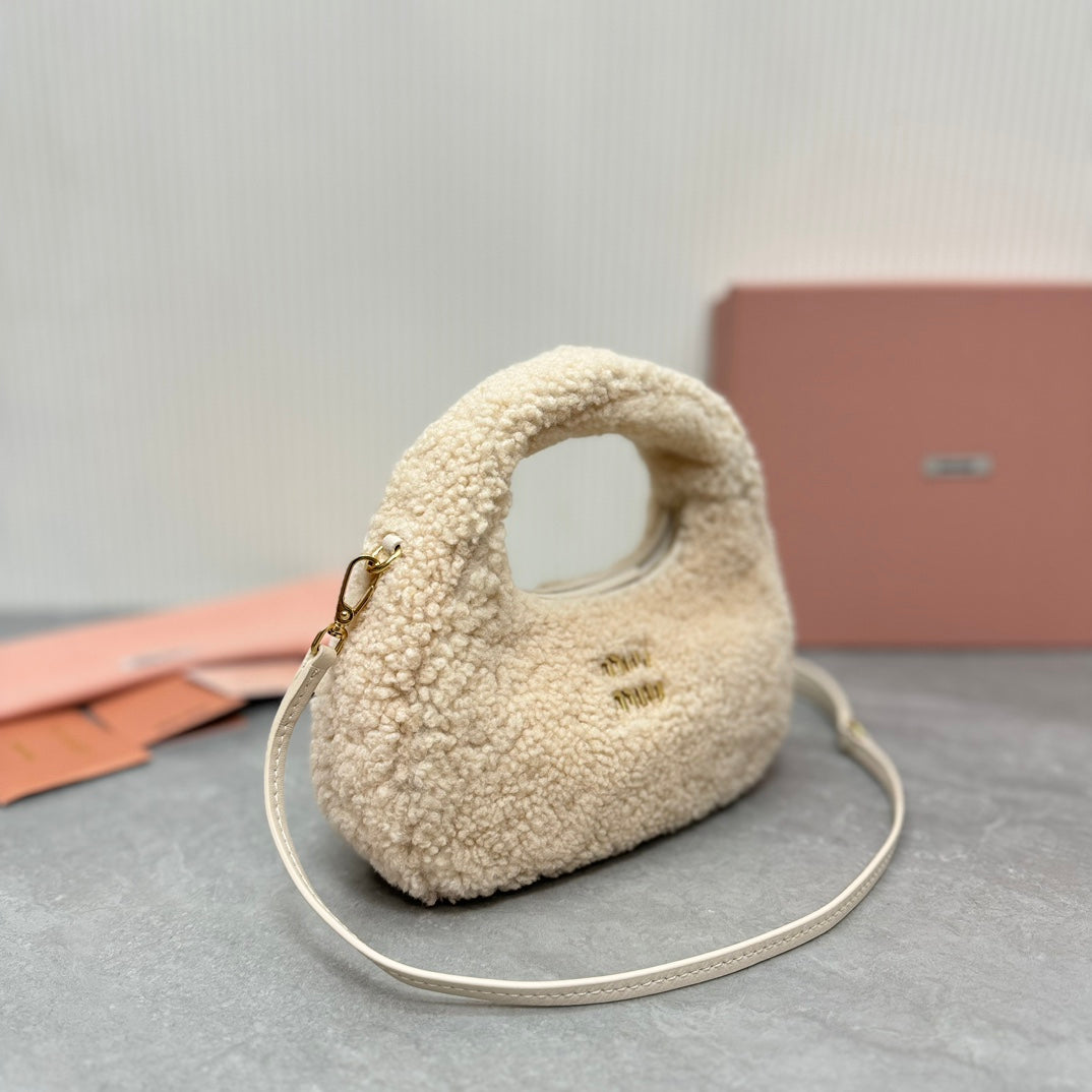 MIU MIU WANDER HOBO BAG 18 IN BEIGE SHEARLING