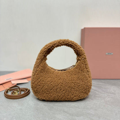 MIU MIU WANDER SMALL HOBO BAG 20 IN BROWN SHEARLING