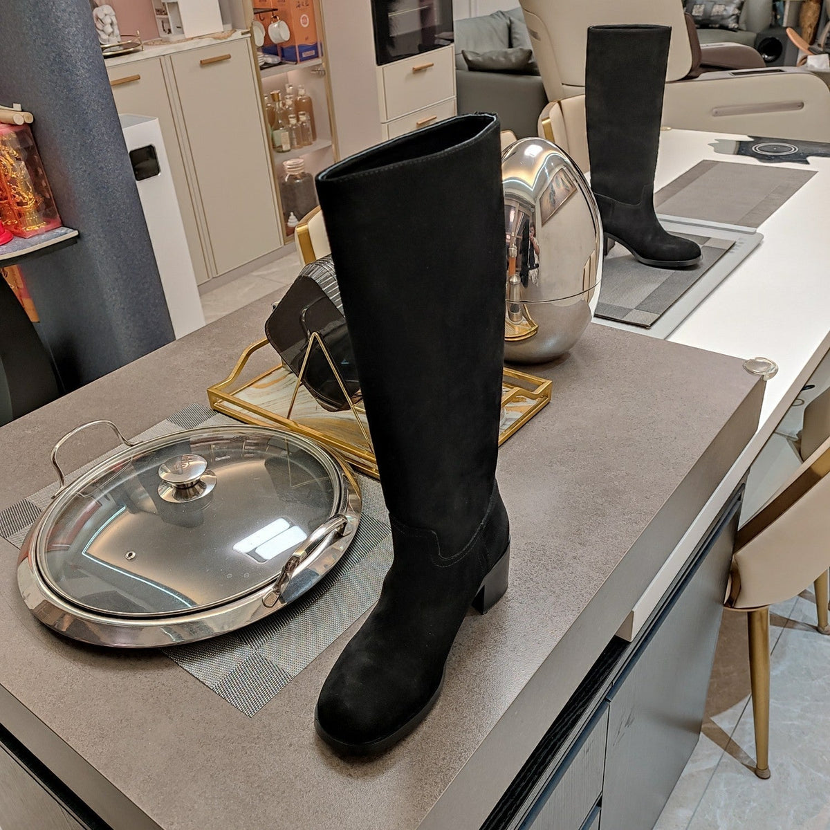 PRADA KNEE BOOTS WITH TRIANGLE LOGO IN BLACK SUEDE