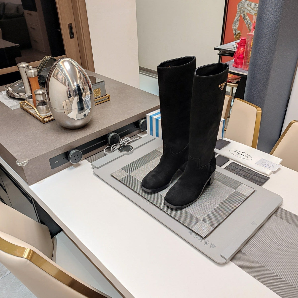 PRADA KNEE BOOTS WITH TRIANGLE LOGO IN BLACK SUEDE