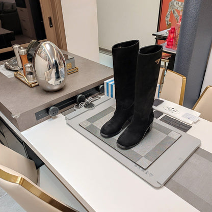 PRADA KNEE BOOTS WITH TRIANGLE LOGO IN BLACK SUEDE
