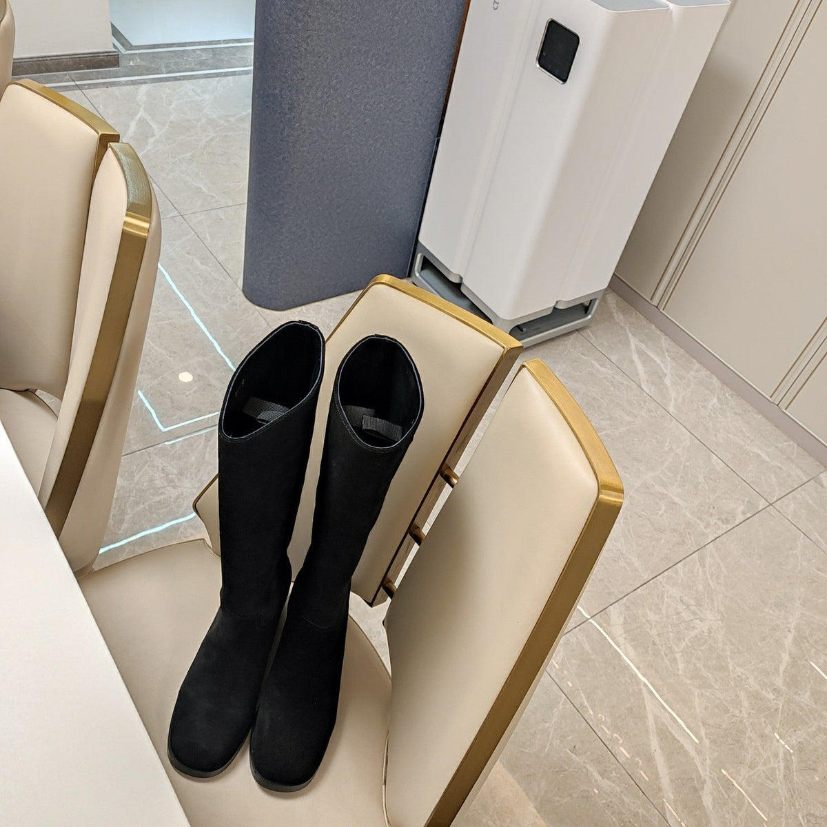 PRADA KNEE BOOTS WITH TRIANGLE LOGO IN BLACK SUEDE