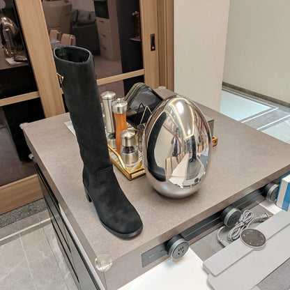 PRADA KNEE BOOTS WITH TRIANGLE LOGO IN BLACK SUEDE