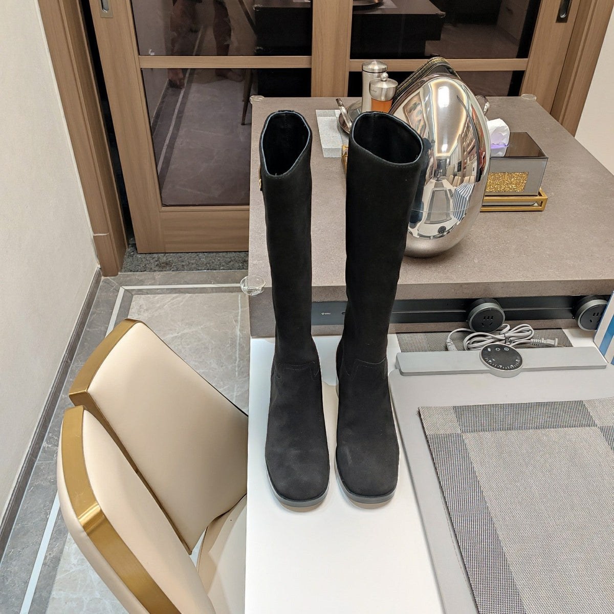PRADA KNEE BOOTS WITH TRIANGLE LOGO IN BLACK SUEDE