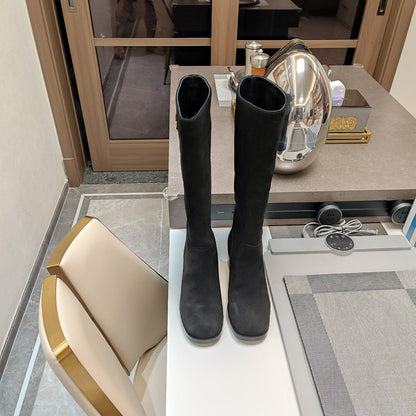 PRADA KNEE BOOTS WITH TRIANGLE LOGO IN BLACK SUEDE