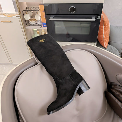 PRADA KNEE BOOTS WITH TRIANGLE LOGO IN BLACK SUEDE