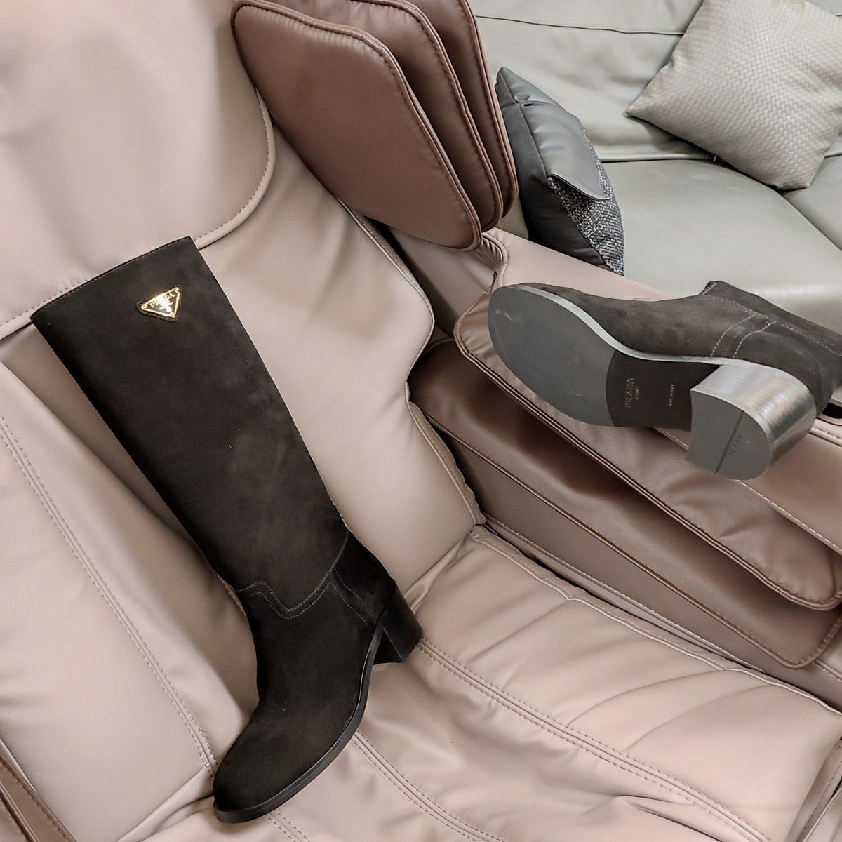 PRADA KNEE BOOTS WITH TRIANGLE LOGO IN BLACK SUEDE