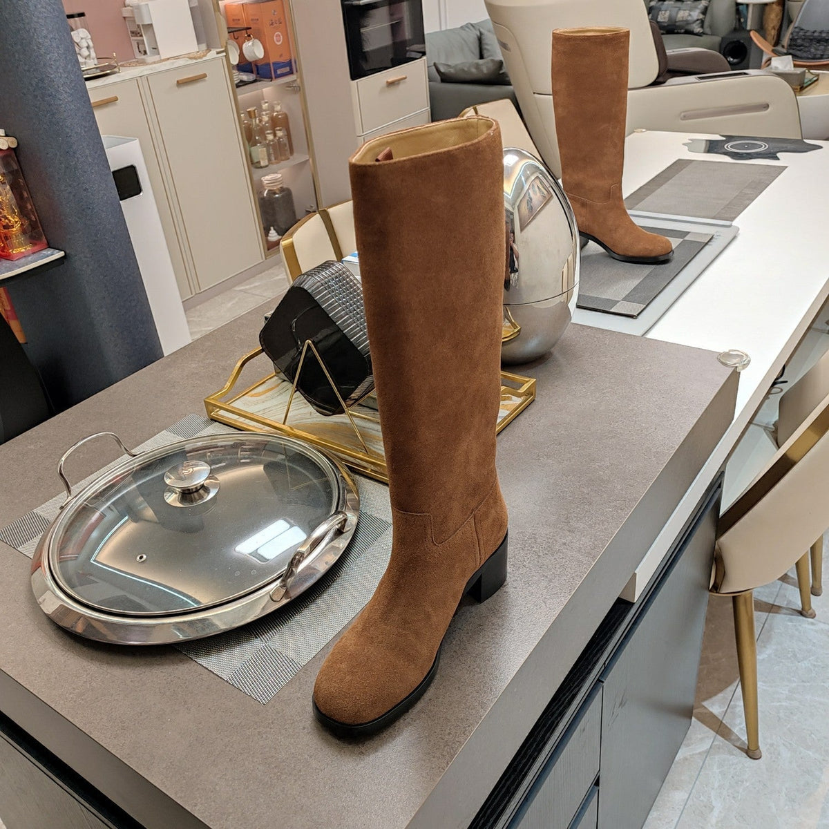 PRADA KNEE BOOTS WITH TRIANGLE LOGO IN CAMEL SUEDE