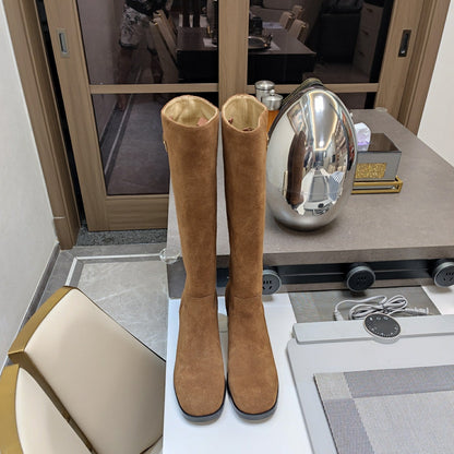 PRADA KNEE BOOTS WITH TRIANGLE LOGO IN CAMEL SUEDE