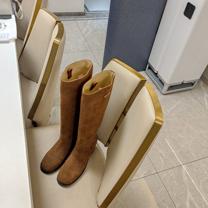 PRADA KNEE BOOTS WITH TRIANGLE LOGO IN CAMEL SUEDE