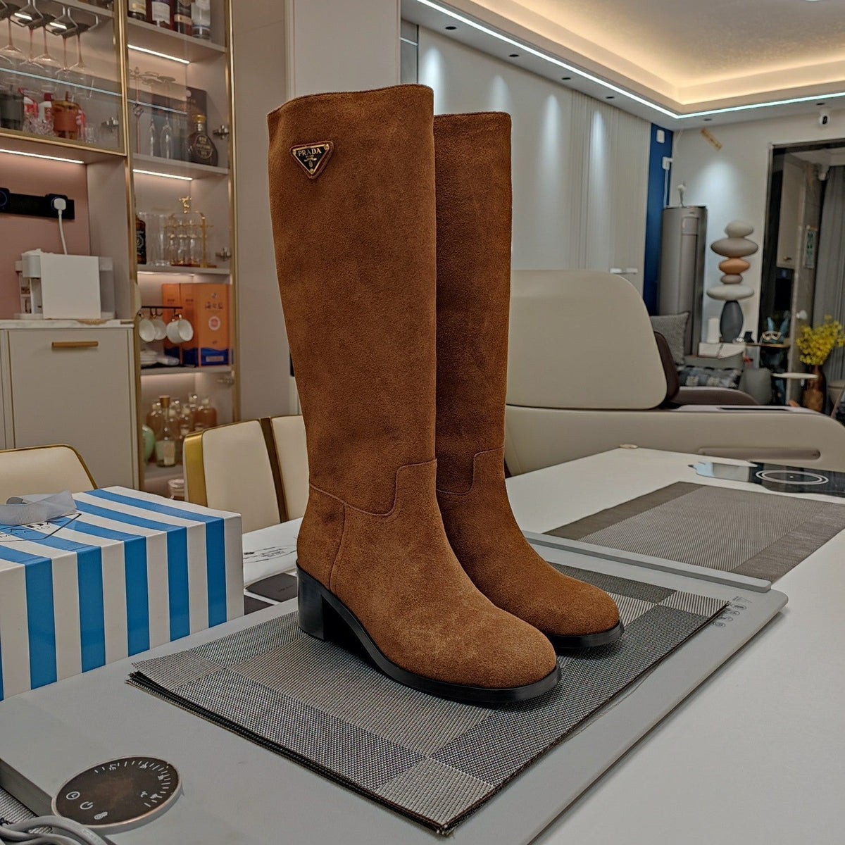 PRADA KNEE BOOTS WITH TRIANGLE LOGO IN CAMEL SUEDE