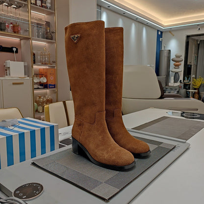 PRADA KNEE BOOTS WITH TRIANGLE LOGO IN CAMEL SUEDE