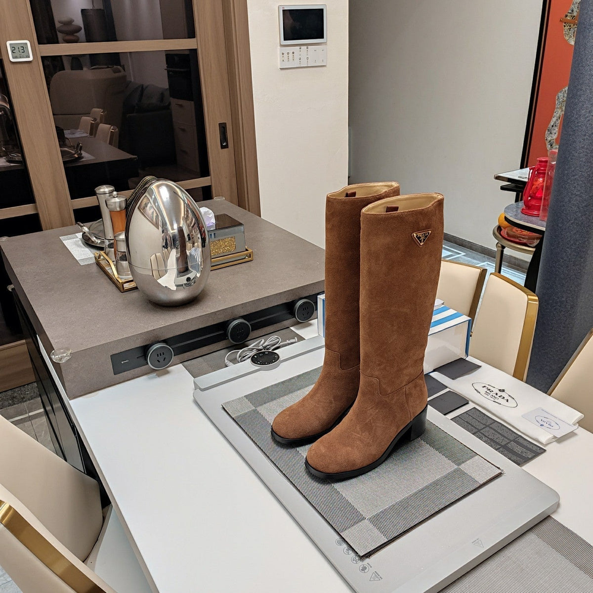 PRADA KNEE BOOTS WITH TRIANGLE LOGO IN CAMEL SUEDE