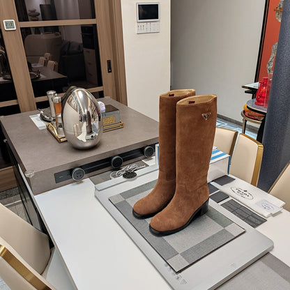 PRADA KNEE BOOTS WITH TRIANGLE LOGO IN CAMEL SUEDE