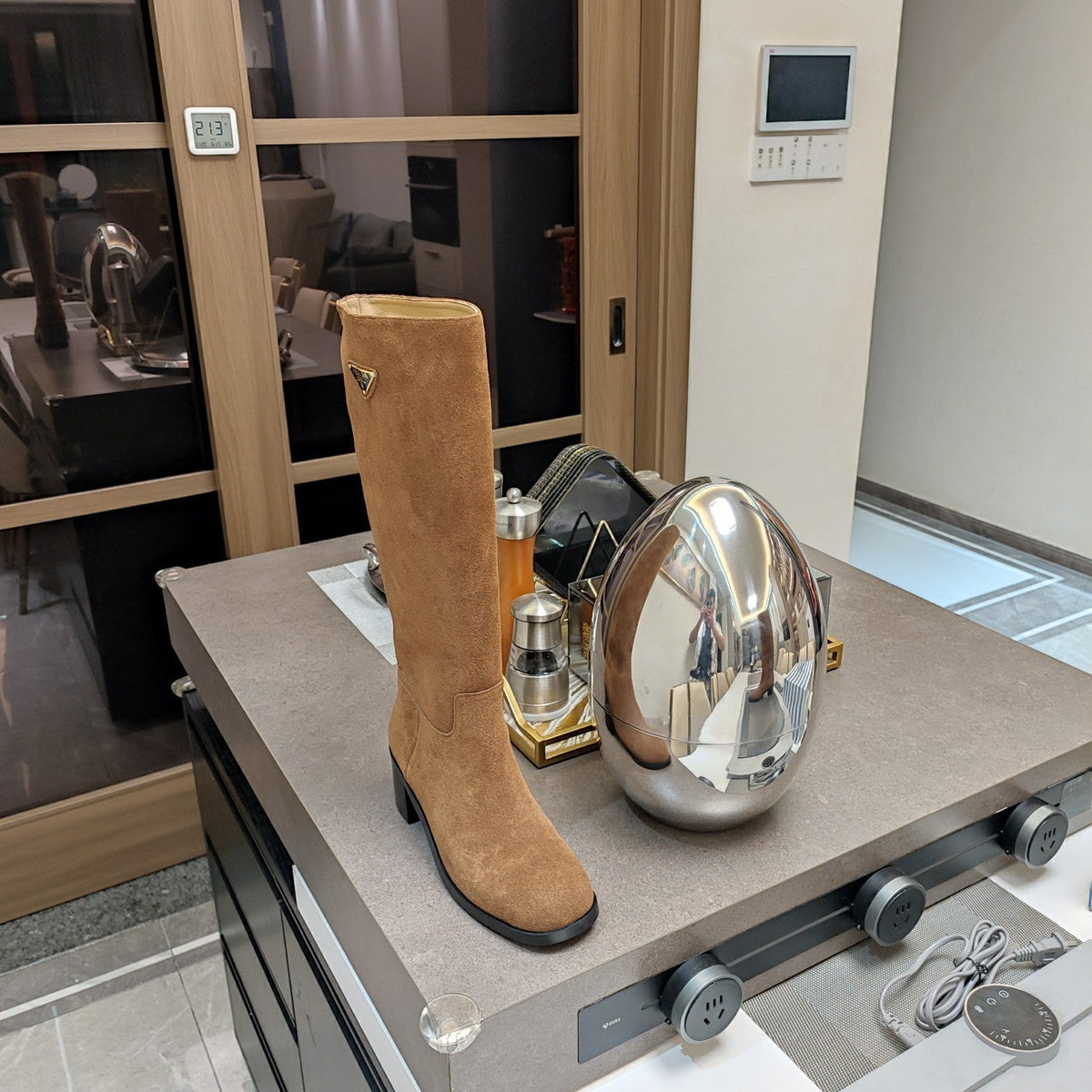 PRADA KNEE BOOTS WITH TRIANGLE LOGO IN CAMEL SUEDE