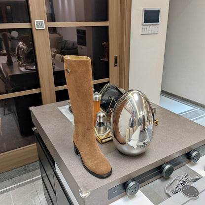 PRADA KNEE BOOTS WITH TRIANGLE LOGO IN CAMEL SUEDE