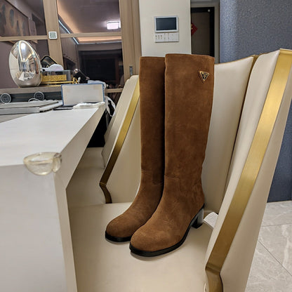 PRADA KNEE BOOTS WITH TRIANGLE LOGO IN CAMEL SUEDE