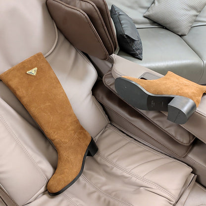 PRADA KNEE BOOTS WITH TRIANGLE LOGO IN CAMEL SUEDE