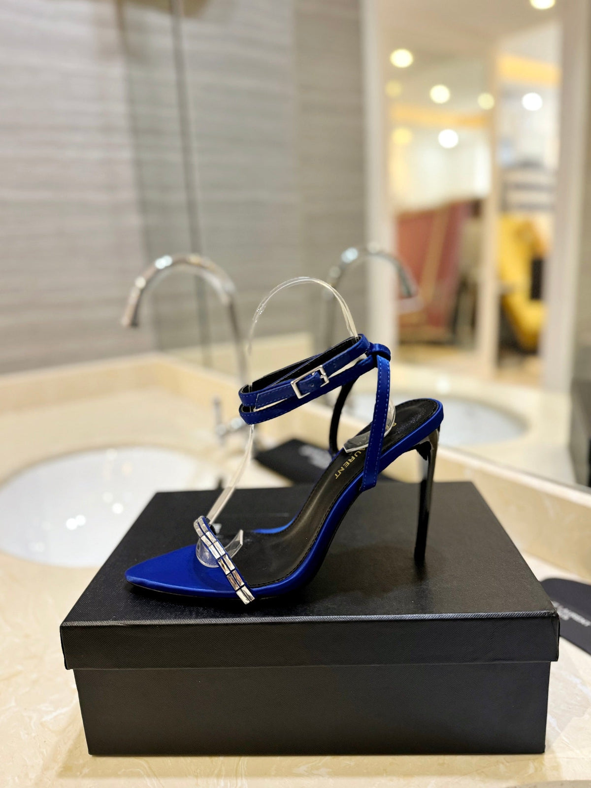 SL RHINESTONE HEELED SANDALS COBALT SATIN