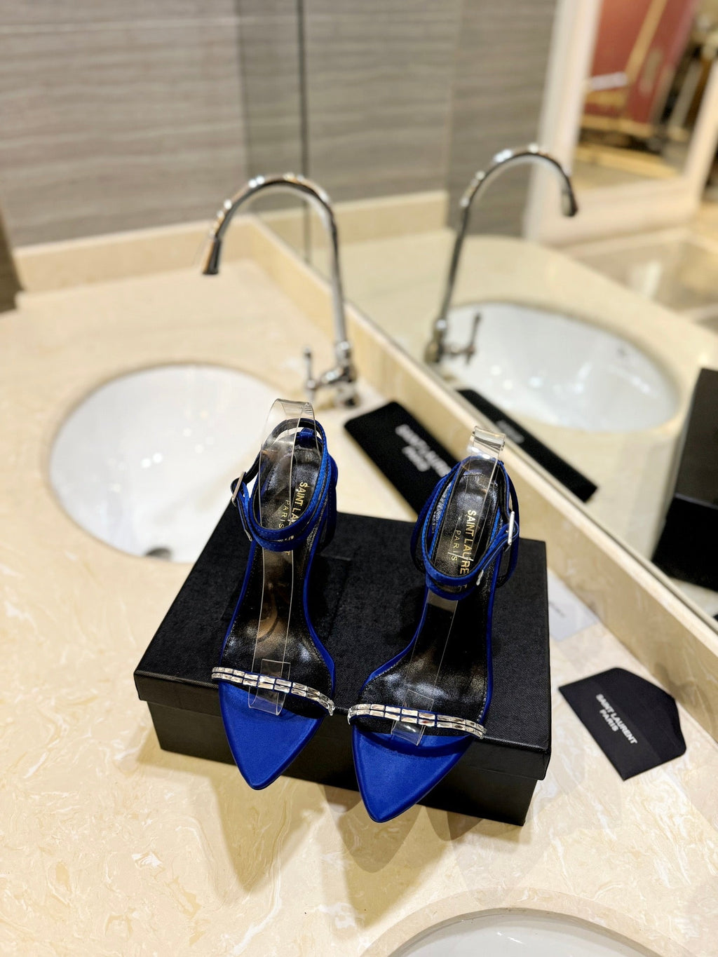 SL RHINESTONE HEELED SANDALS COBALT SATIN