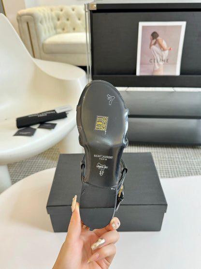 SL CASSANDRA TRIPLE SANDAL FLAT BLACK CALFSKIN