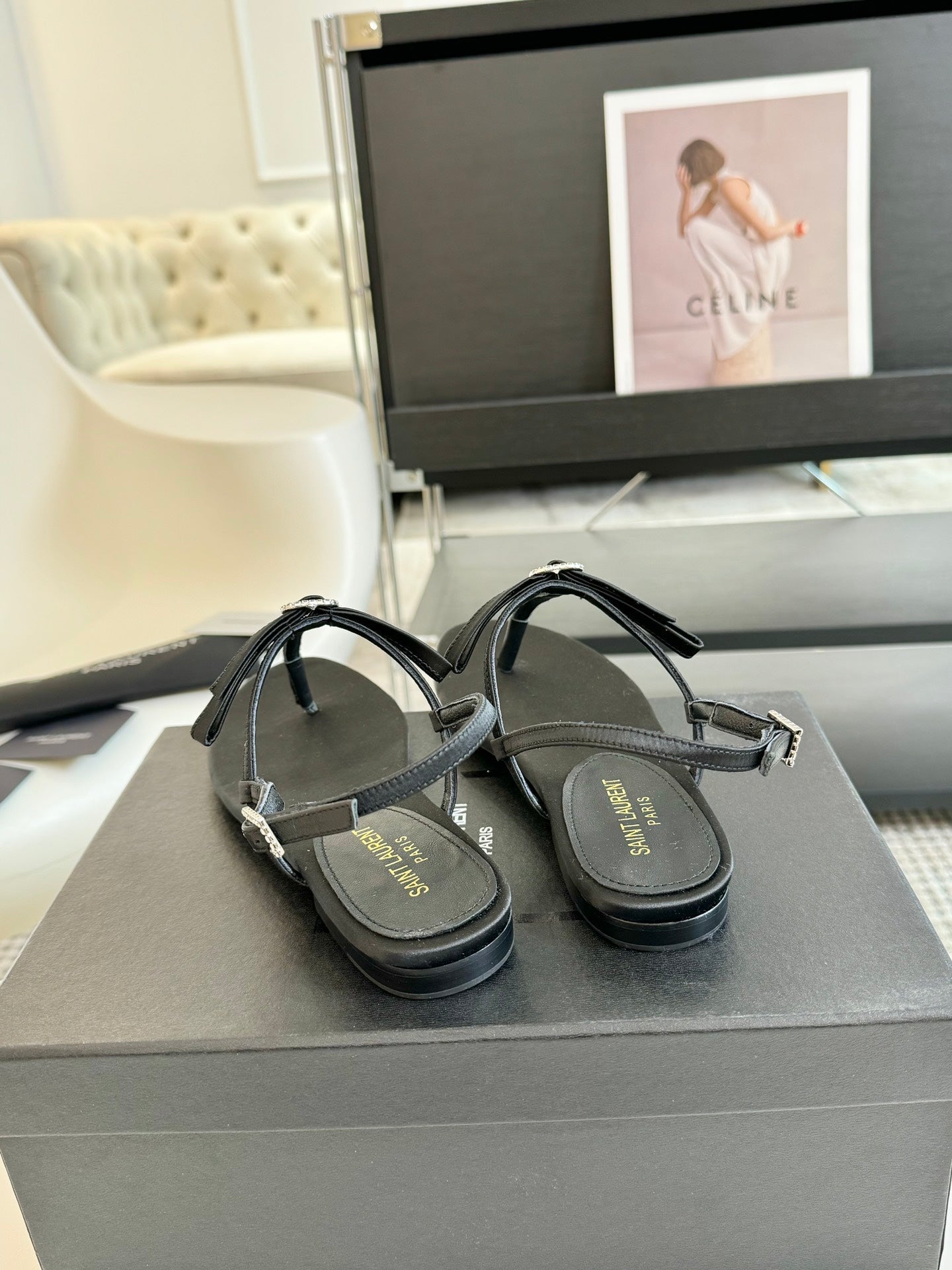 SL Silk Bow T-Strap Flat Sandals Black Leather