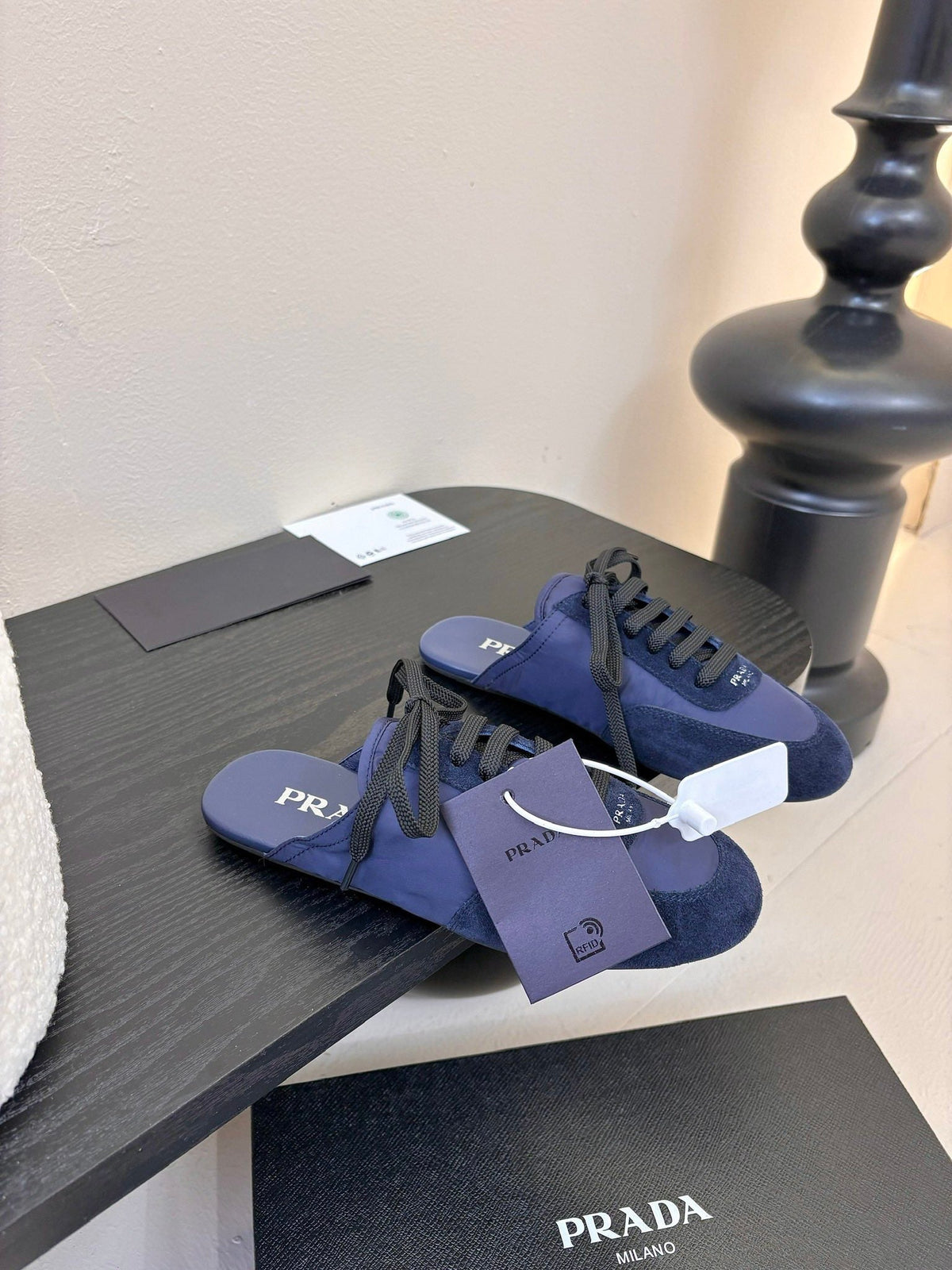 PRADA SNEAKER MULES IN NAVY BLUE NYLON AND SUEDE