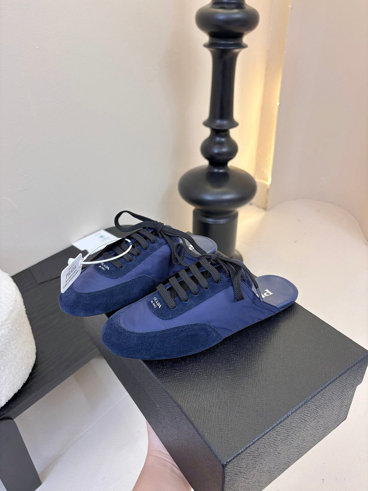 PRADA SNEAKER MULES IN NAVY BLUE NYLON AND SUEDE