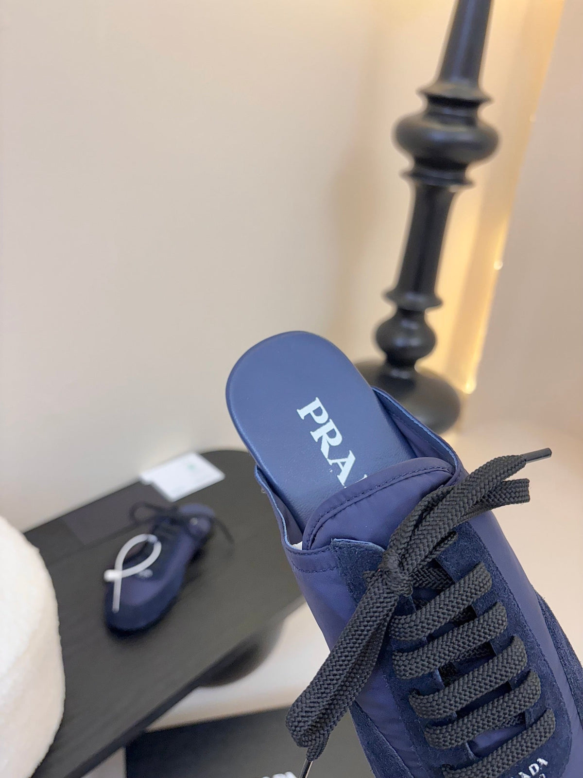 PRADA SNEAKER MULES IN NAVY BLUE NYLON AND SUEDE
