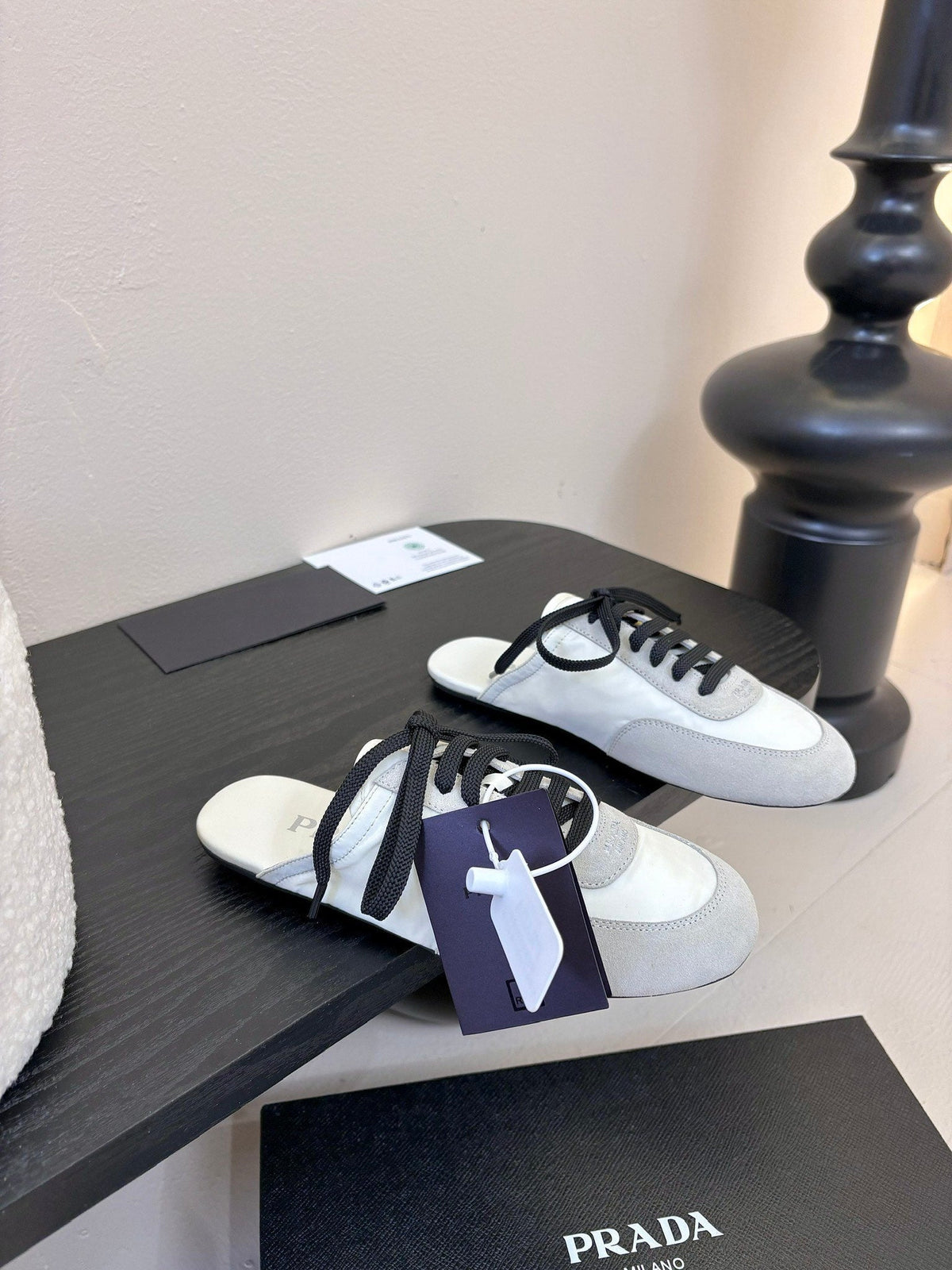 PRADA SNEAKER MULES IN BEIGE SUEDE AND WHITE NYLON