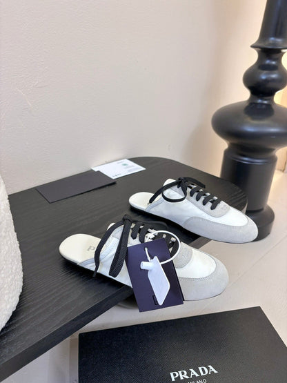 PRADA SNEAKER MULES IN BEIGE SUEDE AND WHITE NYLON