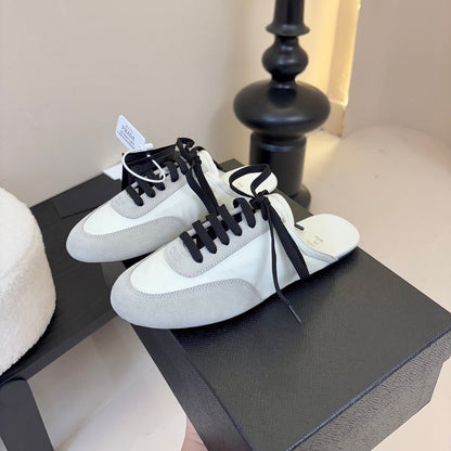PRADA SNEAKER MULES IN BEIGE SUEDE AND WHITE NYLON
