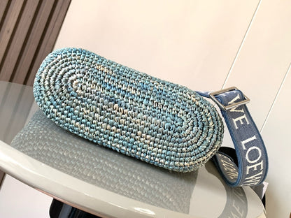 LOEWE LOE 30 SLIT BAG IN DENIM BLUE RAFFIA AND CALFSKIN