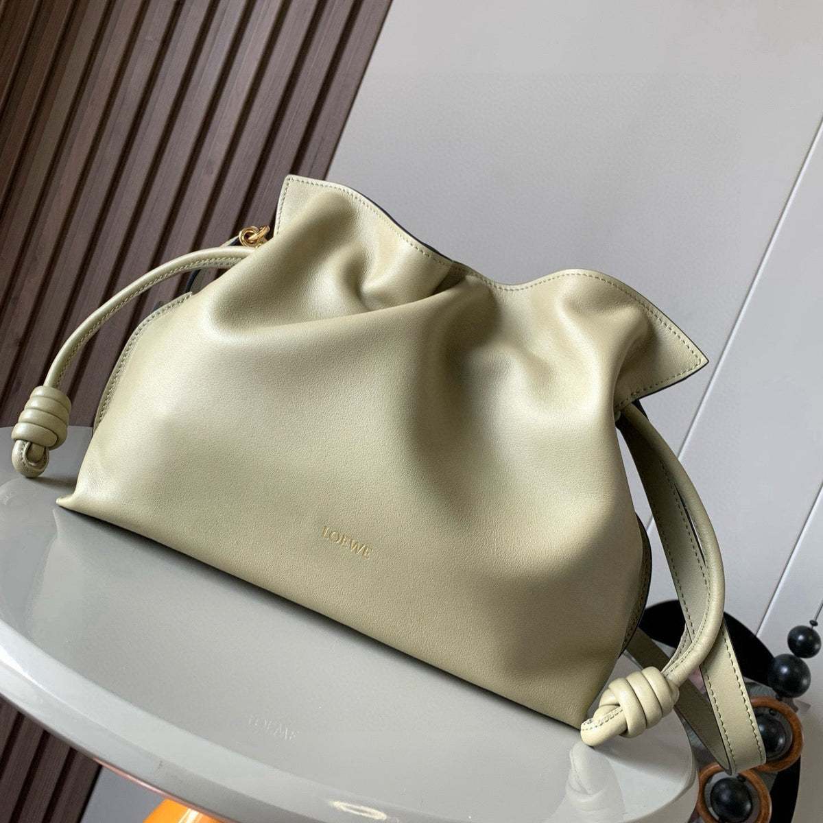 LOEWE 25S LARGE FLAMENCO CLUTCH BAG 30 IN DUSTY KHAKI CALFSKIN