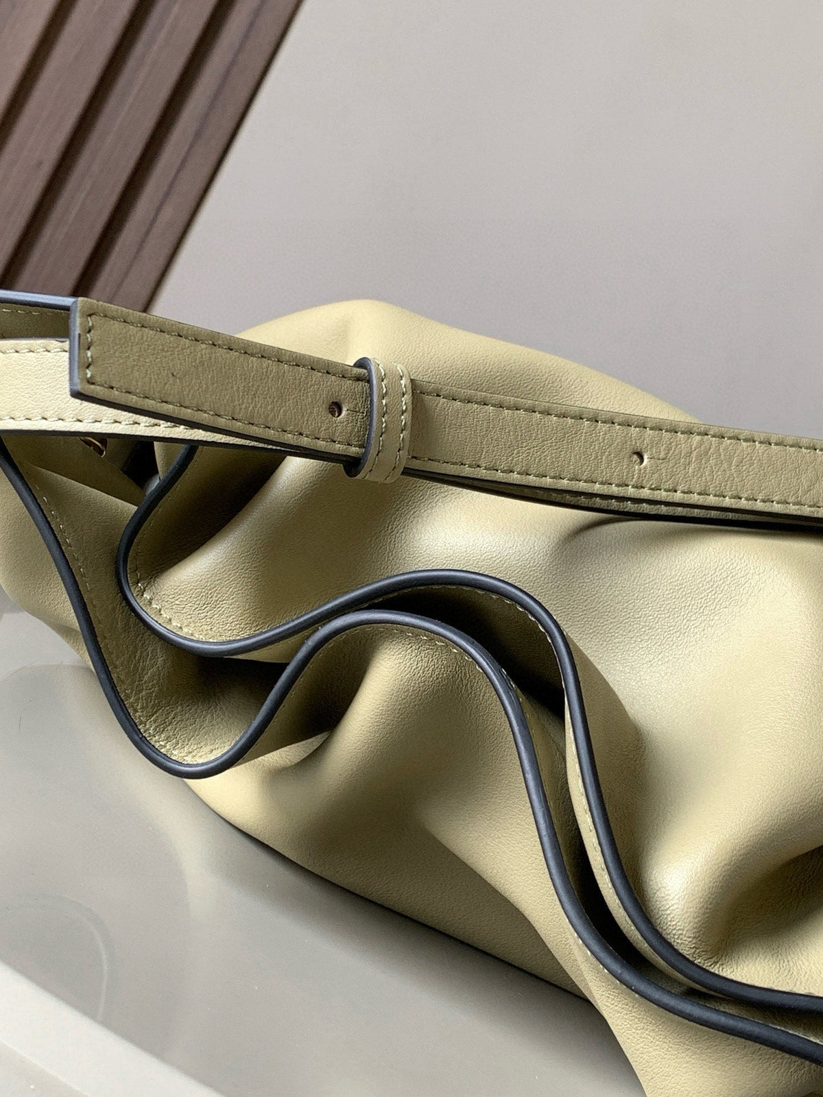 LOEWE 25S LARGE FLAMENCO CLUTCH BAG 30 IN DUSTY KHAKI CALFSKIN