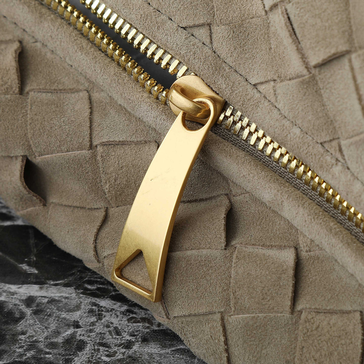 BOTTEGA VENETA 25S SMALL JODIE 48 IN MUTED TAUPE SUEDE GOLD HARDWARE