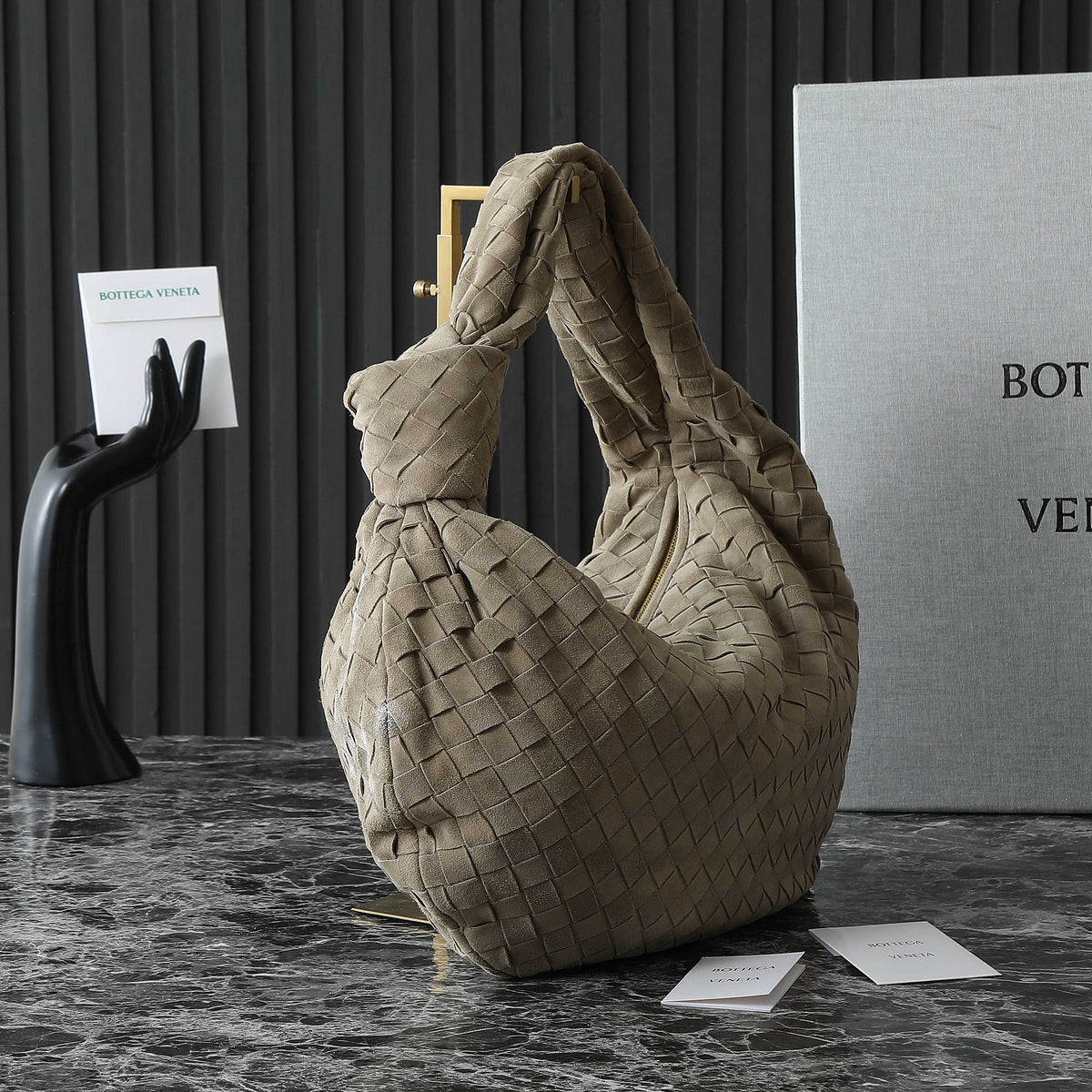 BOTTEGA VENETA 25S SMALL JODIE 48 IN MUTED TAUPE SUEDE GOLD HARDWARE