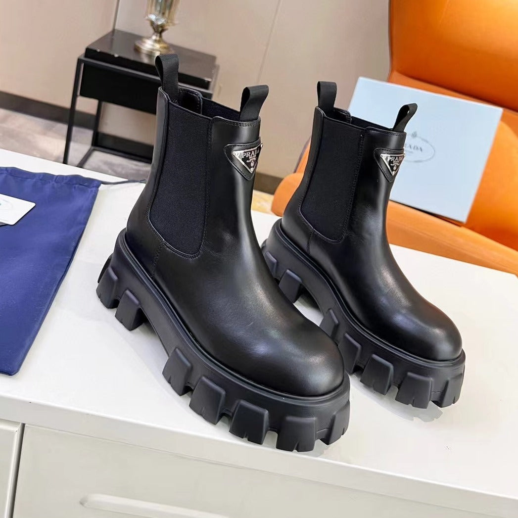 PRADA MONOLITH BRUSHED BOOTIES 55 BLACK CALFSKIN